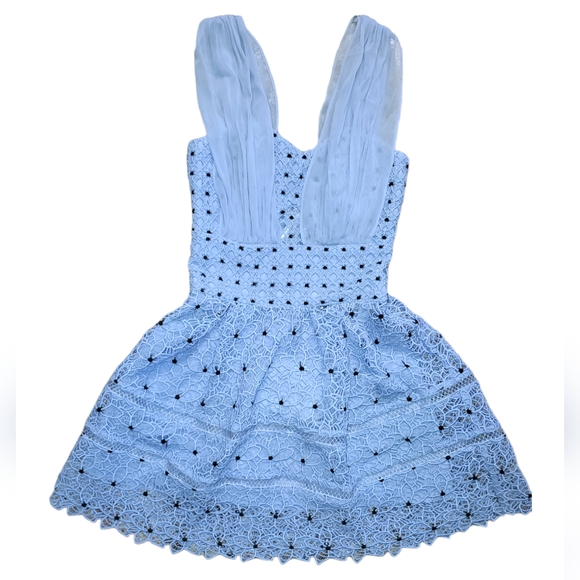 Self-Portrait Dove Blue Lace Spiral Paneled Zip-Up Mini Dress Spring Summer 0 - Picture 3 of 12